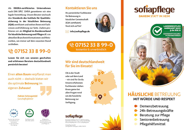 Eine deutschsprachige Broschüre für sofiapflege enthält Informationen zu häuslicher Altenpflege, Kontaktdaten, eine Karte der Servicebereiche, Auszeichnungen, ein Bild einer Sonnenblume und praktische Downloads für den einfachen Zugriff auf Ressourcen.