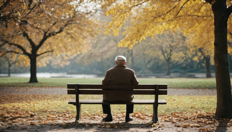 Eine ältere Person mit Mantel und Hut sitzt allein auf einer Parkbank, umgeben von goldenen Herbstblättern und verkörpert ruhige Besinnung. Die heitere Szene spiegelt die Ruhe und Sicherheit wider, für die DEKRA steht.