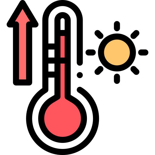 Ein Thermometer, das eine hohe Temperatur mit einer roten, ansteigenden Linie, einem Aufwärtspfeil daneben und einem Sonnensymbol anzeigt, die alle auf Sommerhitze oder steigende Temperaturen hinweisen.