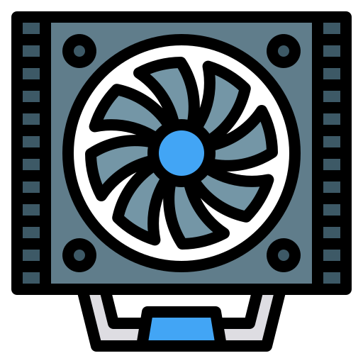 Illustration einer Computergrafikkarte mit einem großen zentralen Lüfter, der die Dinge auch bei Sommerhitze kühl hält, mit vier Eckschrauben und einem blau-grauen Farbschema.
