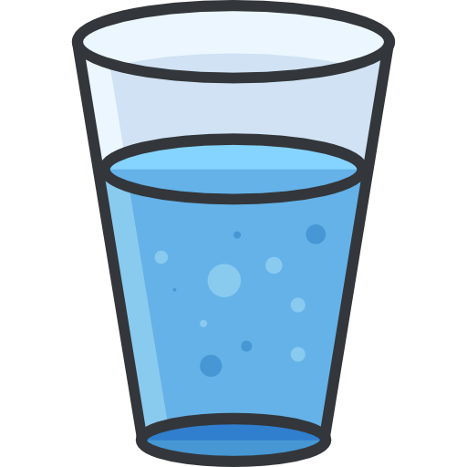 Eine Illustration im Cartoon-Stil eines transparenten Glases, das zur Hälfte mit blauem Wasser gefüllt ist, mit ein paar Blasen im Inneren des Glases - eine einladende Erfrischung vor dem schlichten, hellen Hintergrund, perfekt für eine Abkühlung in der Sommerhitze.
