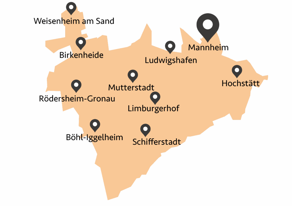 Eine vereinfachte Karte zeigt die Städte in der Rhein-Neckar-Region, wobei die wichtigsten Orte wie Mannheim und Ludwigshafen mit Stecknadeln markiert sind - eine Gegend, die Daniel Waidelich gut kennt.