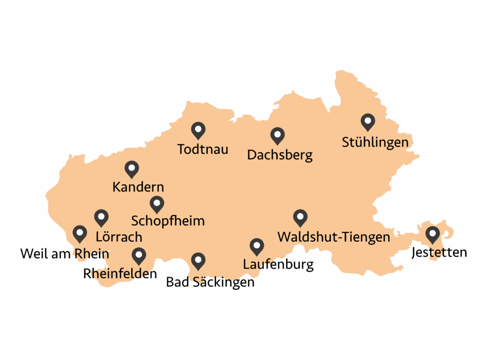 Eine Karte mit Orten in einer Region mit beschrifteten Städten: Weil am Rhein, Rheinfelden, Lörrach, Kandern, Schopfheim, Bad Säckingen, Todtnau, Dachsberg, Laufenburg, Waldshut-Tiengen, Jestetten, und Stühlingen.