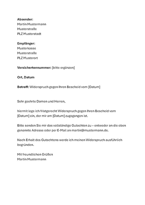 Eine förmliche Briefvorlage in deutscher Sprache zum Einlegen eines Widerspruchs gegen einen Bescheid einer Krankenkasse zum Herunterladen. Die Felder umfassen Absender, Empfänger, Versicherungsnummer, Datum und Text mit Leerzeichen zum Eintragen persönlicher Daten.