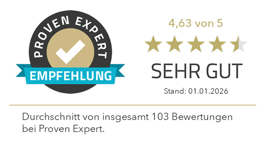 Auszeichnungsplakette mit Proven Expert Empfehlung, 4.63 von 5 Sternen, Bewertung Sehr Gut, gültig ab 01.01.2026, basierend auf durchschnittlich 103 Bewertungen auf Proven Expert. Der Text ist auf Deutsch.