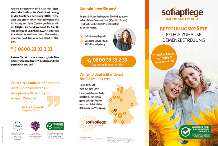 Eine Broschüre für sofiapflege mit Informationen über die häusliche Demenzbetreuung, Kontaktdaten, einer Deutschlandkarte, einem Zitat und Bildern von Sonnenblumen und einer lächelnden älteren Frau mit Pflegerin - sowie einfachen Downloads für weitere Informationen.