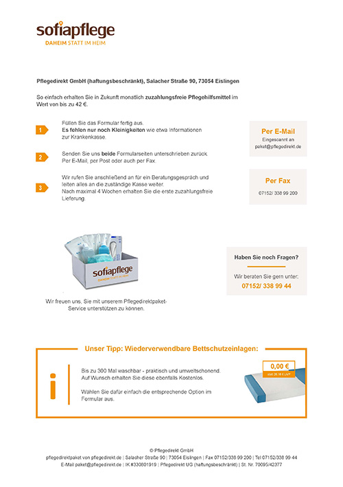 Screenshot einer Webseite von Sofiapflege, einem häuslichen Pflegedienst, mit Anweisungen zur Anforderung kostenloser Inkontinenzhilfsmittel, Kontaktdaten, einem E-Mail-Formular, einer Hotline, hilfreichen Tipps und Downloads wie wiederverwendbaren Bettvorlagen zur leichteren Pflege zu Hause.