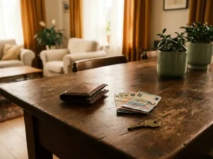 Aufgeklappte Ledergeldbörse mit Euroscheinen und Hausschlüssel auf verwittertem Holztisch im warmen Wohnzimmerlicht.
