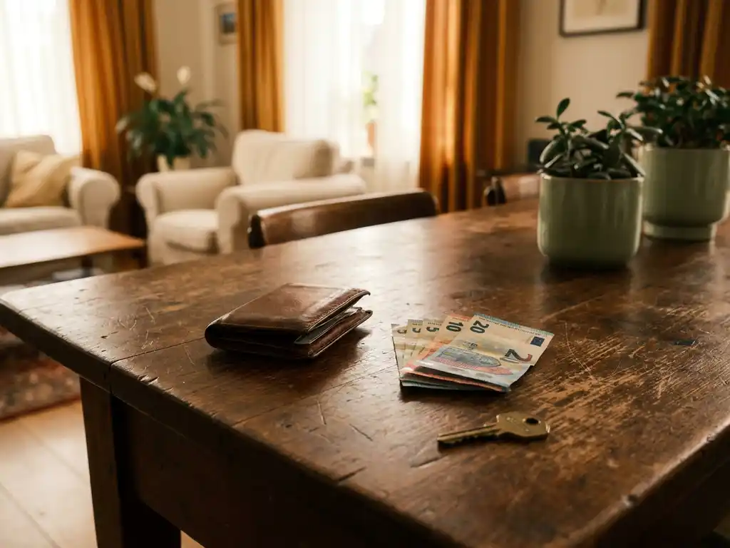 Aufgeklappte Ledergeldbörse mit Euroscheinen und Hausschlüssel auf verwittertem Holztisch im warmen Wohnzimmerlicht.
