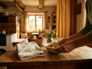 Pflegende Hände stellen ein hausgekochtes Mittagessen auf einen Holztisch, frisches Gemüse und Blumen im warmen Nachmittagslicht.