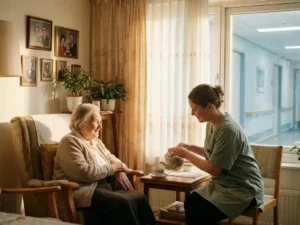 Ältere Frau im Sessel empfängt Tee von einer Pflegekraft, Familienfotos und Sonnenlicht im gemütlichen Wohnzimmer.