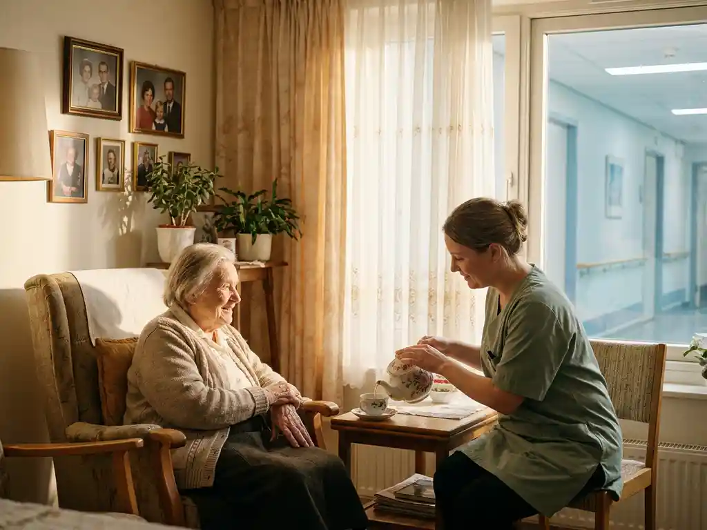 Ältere Frau im Sessel empfängt Tee von einer Pflegekraft, Familienfotos und Sonnenlicht im gemütlichen Wohnzimmer.