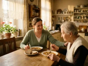 Pflegerin und ältere Person beim gemeinsamen Mittagessen am Küchentisch, warmes Nachmittagslicht durch Spitzengardinen in deutschem Zuhause.