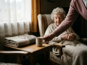 Pflegerin reicht älterer Frau im Sessel eine Tasse Tee, warmes Nachmittagslicht durch Spitzenvorhang, häusliche Atmosphäre.