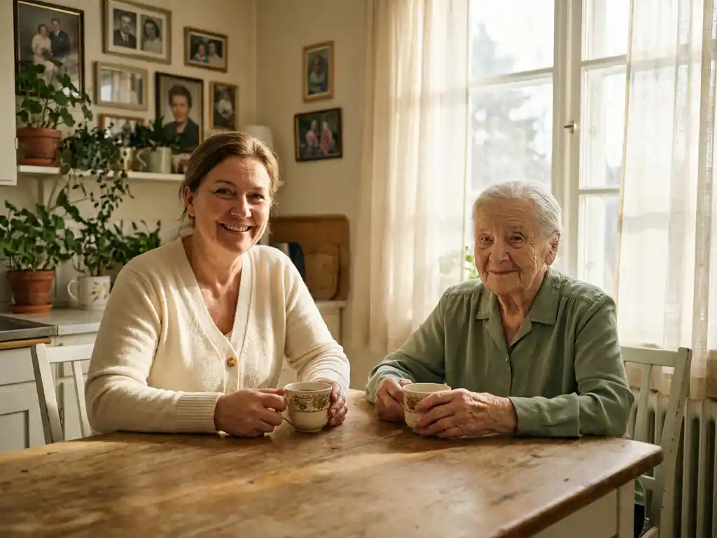 Pflegerin und ältere Frau beim gemeinsamen Teetrinken am sonnigen Küchentisch, Familienfotos im Hintergrund, warme Atmosphäre.