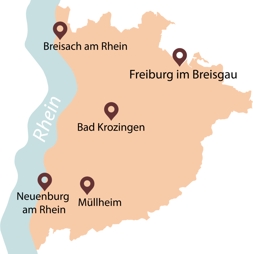Karte mit Orten im Südwesten Deutschlands, auf der Breisach am Rhein, Neuenburg am Rhein, Müllheim, Bad Krozingen und Freiburg im Breisgau am Rhein markiert sind.