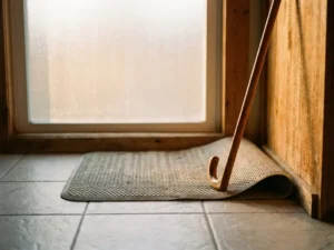 Abgenutzter Antirutsch-Badematte mit eingerollter Ecke auf hellem Fliesenboden neben einem Holzgehstock, weiches Nachmittagslicht.