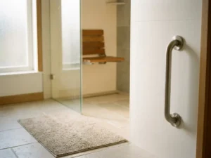 Haltegriff aus Edelstahl in bodenebener Dusche mit Klappsitz aus Holz, Antirutschmatte auf hellem Steinboden und Naturlicht.