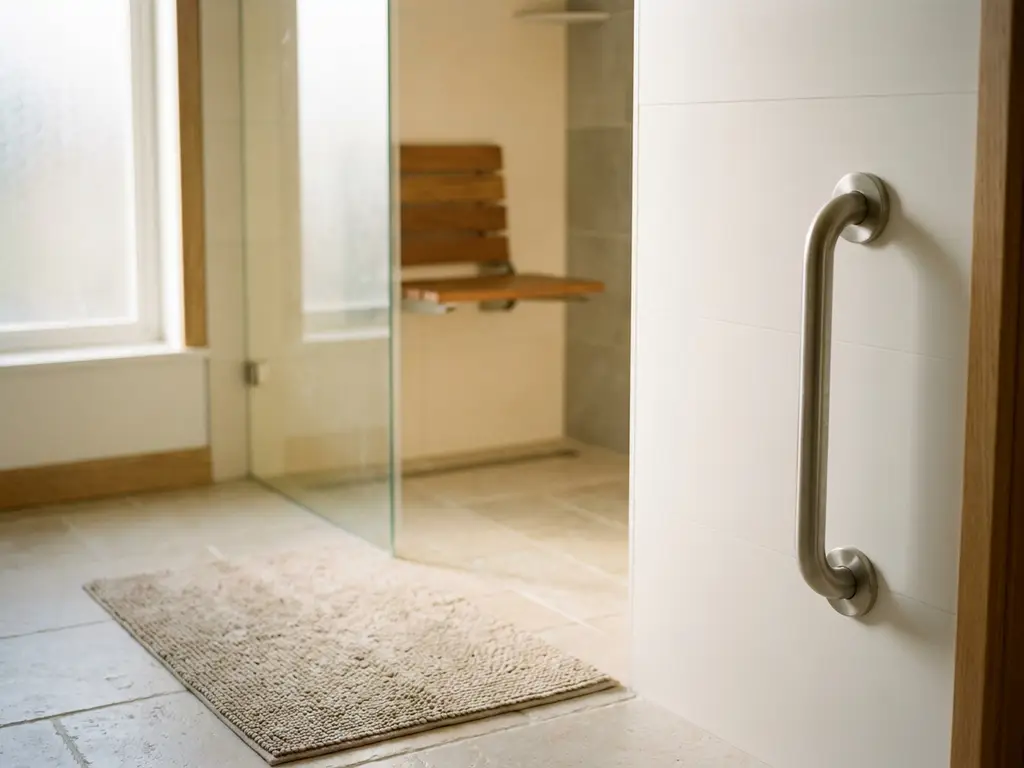 Haltegriff aus Edelstahl in bodenebener Dusche mit Klappsitz aus Holz, Antirutschmatte auf hellem Steinboden und Naturlicht.