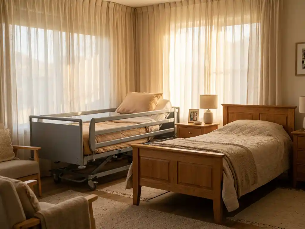 Höhenverstellbares Pflegebett mit Seitengittern neben einem Holzbett in einem sonnendurchfluteten Seniorenschlafzimmer.