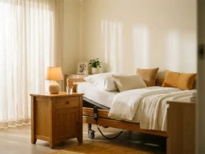 Seniorengerechtes Schlafzimmer mit verstellbarem Bett, weißer Bettwäsche und Holznachttisch im warmen Morgenlicht.