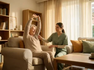 Ältere Frau streckt Arme beim Morgengymnastik im Wohnzimmer, Pflegeperson steht unterstützend daneben, warmes Sonnenlicht.