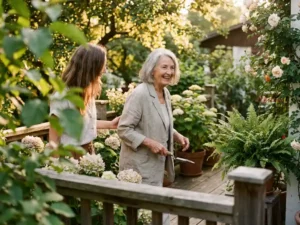Ältere Frau geht sicher durch sonnenbeschienenen Hausgarten, begleitet von einer Pflegeperson, umgeben von üppigen Pflanzen.
