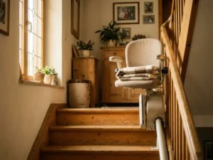 Treppenlift auf einer Holztreppe in einem deutschen Zuhause, mit gefalteter Decke auf der Armlehne im warmen Nachmittagslicht.
