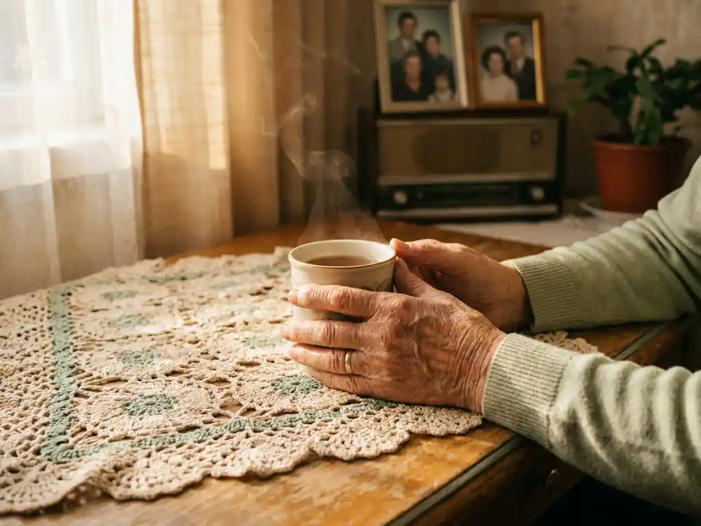 Ältere Frauenhände umfassen eine Teetasse am sonnigen Küchentisch mit gehäkelter Tischdecke und verschwommenen Familienfotos im Hintergrund.
