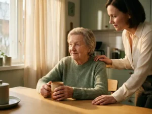 Ältere Frau mit Teetasse am Küchentisch, begleitet von einer Pflegerin, die ihr fürsorglich die Hand auf die Schulter legt.