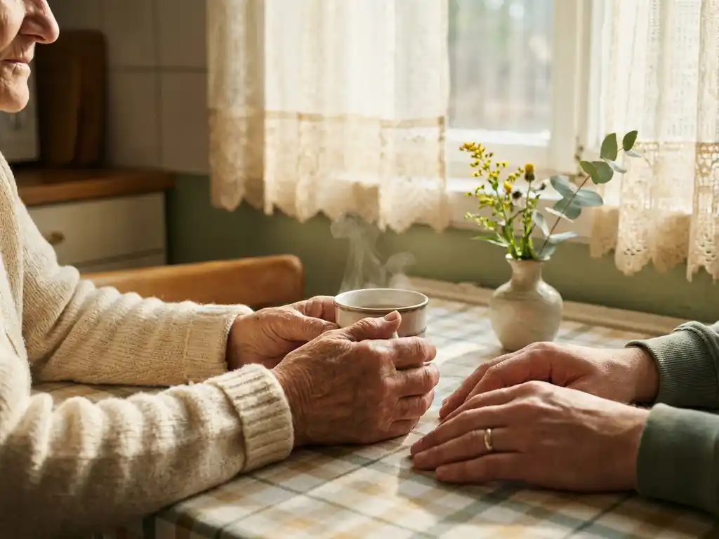 Ältere Frau hält dampfende Teetasse, Pflegekraft legt Hand unterstützend daneben, Sonnenlicht durch Spitzengardinen, frische Blumen im Hintergrund.