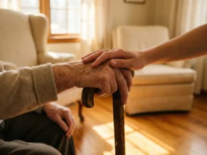 Ältere Hand hält Holzgehstock, begleitet von fürsorglicher Pflegeperson im warmen Wohnzimmer mit weichem Sessel im Hintergrund.