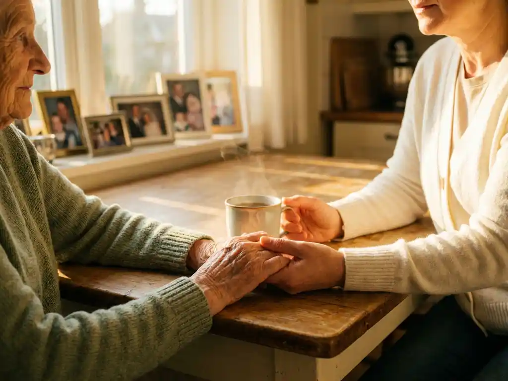Ältere Frau hält die Hand einer Pflegerin an einem sonnigen Küchentisch, dampfende Teetasse und Familienfotos im Hintergrund.