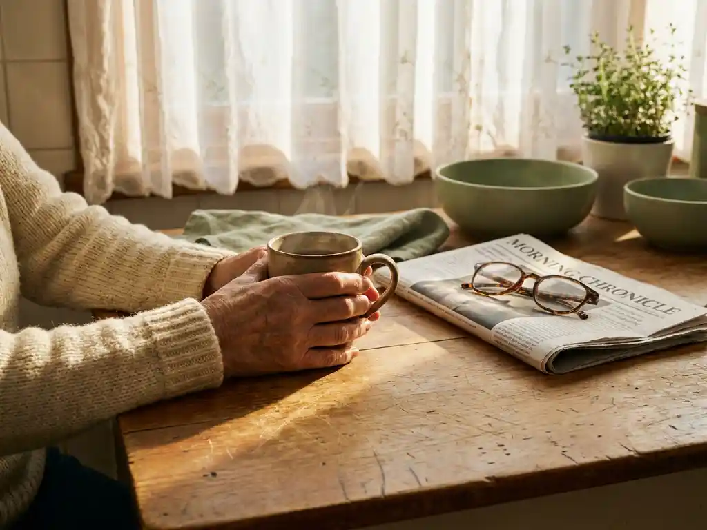 Ältere Hände umfassen eine Keramiktasse Tee auf einem Holztisch, daneben gefaltete Zeitung und Lesebrille im Morgenlicht.