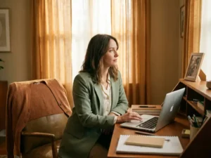 Geschäftsfrau mittleren Alters am Homeoffice-Schreibtisch blickt nachdenklich auf ein Familienfoto, Laptop geöffnet, warmes Nachmittagslicht.
