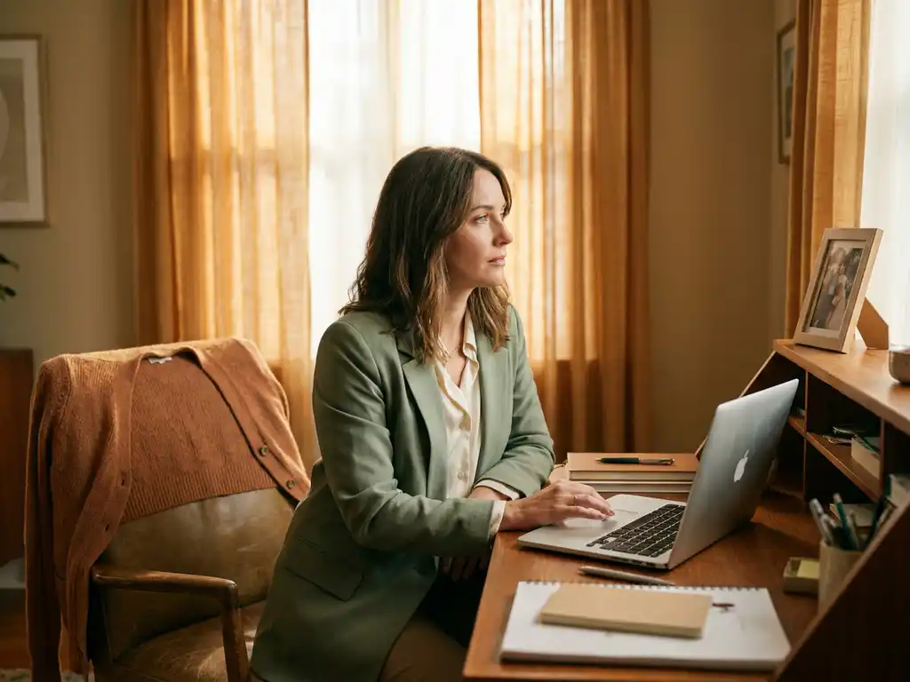 Geschäftsfrau mittleren Alters am Homeoffice-Schreibtisch blickt nachdenklich auf ein Familienfoto, Laptop geöffnet, warmes Nachmittagslicht.