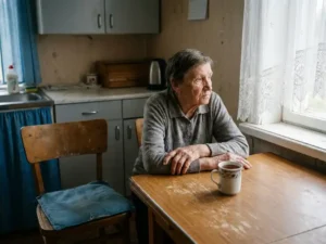 Ältere Person sitzt allein an einem alten Küchentisch mit einer erkalteten Teetasse, leerer Stuhl daneben, gedämpftes Nachmittagslicht durch Spitzenvorhang.