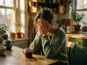 Erschöpfte Pflegerin sitzt allein am Küchentisch, Kopf in den Händen, neben einer erkalteten Tasse Tee im warmen Nachmittagslicht.