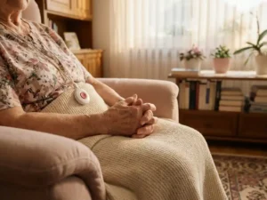 Ältere Frau mit weißem Hausnotruf-Knopf um den Hals, entspannt in warmem Wohnzimmer sitzend, gefaltete Hände auf Sessel.