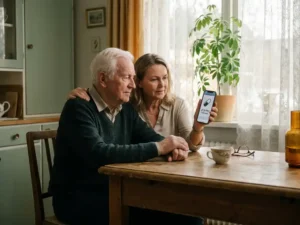 Familienmitglied zeigt älterem Menschen Medikamenten-Erinnerungs-App auf Smartphone am heimischen Esstisch im warmen Nachmittagslicht.