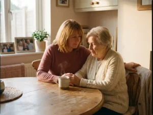 Tochter mittleren Alters hält die Hände ihrer älteren Mutter am Küchentisch, dampfende Teetasse im warmen Nachmittagslicht.