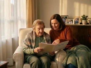 Ältere Frau und erwachsene Tochter im Wohnzimmer beim gemeinsamen Durchsehen eines Pflegeplans, Familienfotos im Hintergrund.