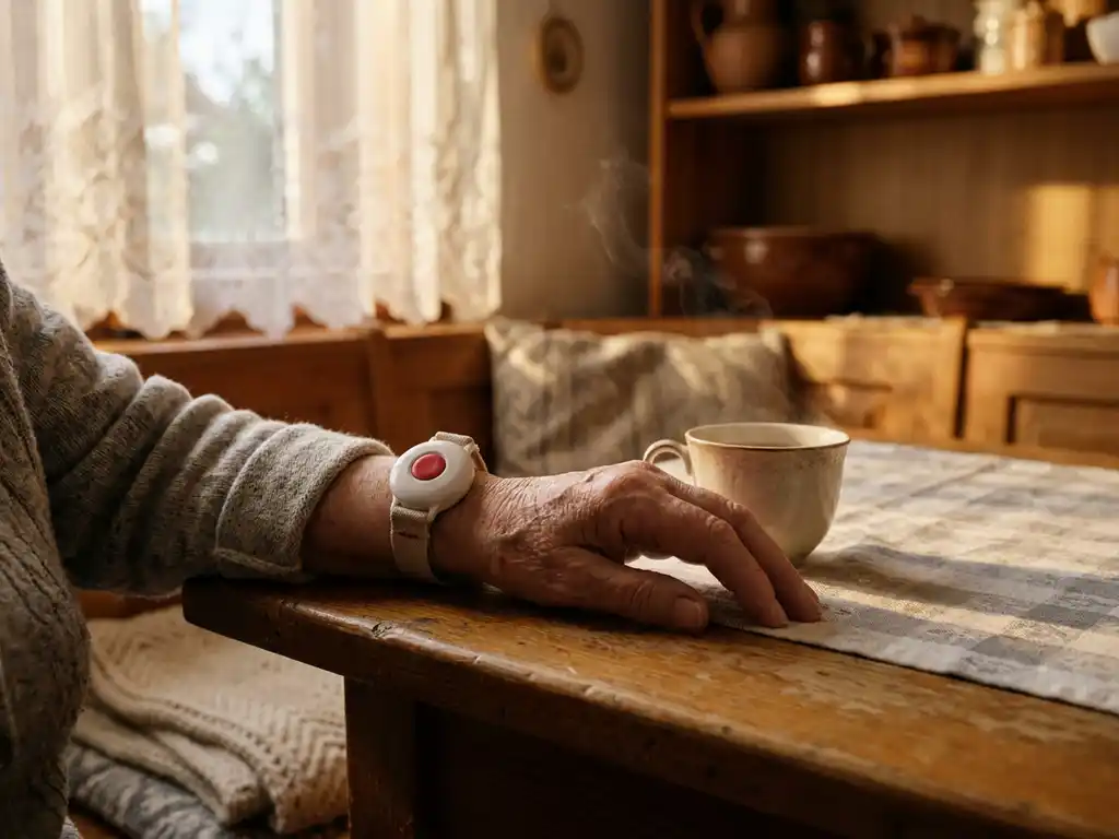 Ältere Frau trägt weißen Notrufknopf am Handgelenk, Hand ruht auf Holztisch mit dampfender Teetasse im Hintergrund.