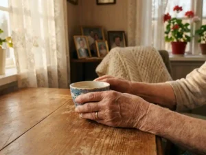 Faltige Hände einer älteren Frau halten eine Keramiktasse am Holztisch, sanftes Nachmittagslicht durch Spitzengardinen.