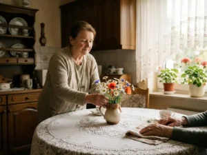 Osteuropäische Pflegerin arrangiert Wildblumen in einer Vase auf einem Küchentisch, ältere Person mit gefalteten Händen auf Spitzendecke daneben.