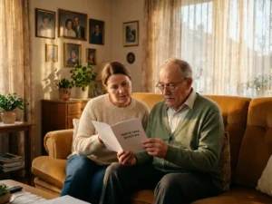 Erwachsenes Kind und älterer Elternteil auf gemütlichem Sofa beim gemeinsamen Lesen einer Pflegebroschüre im warmen Nachmittagslicht.