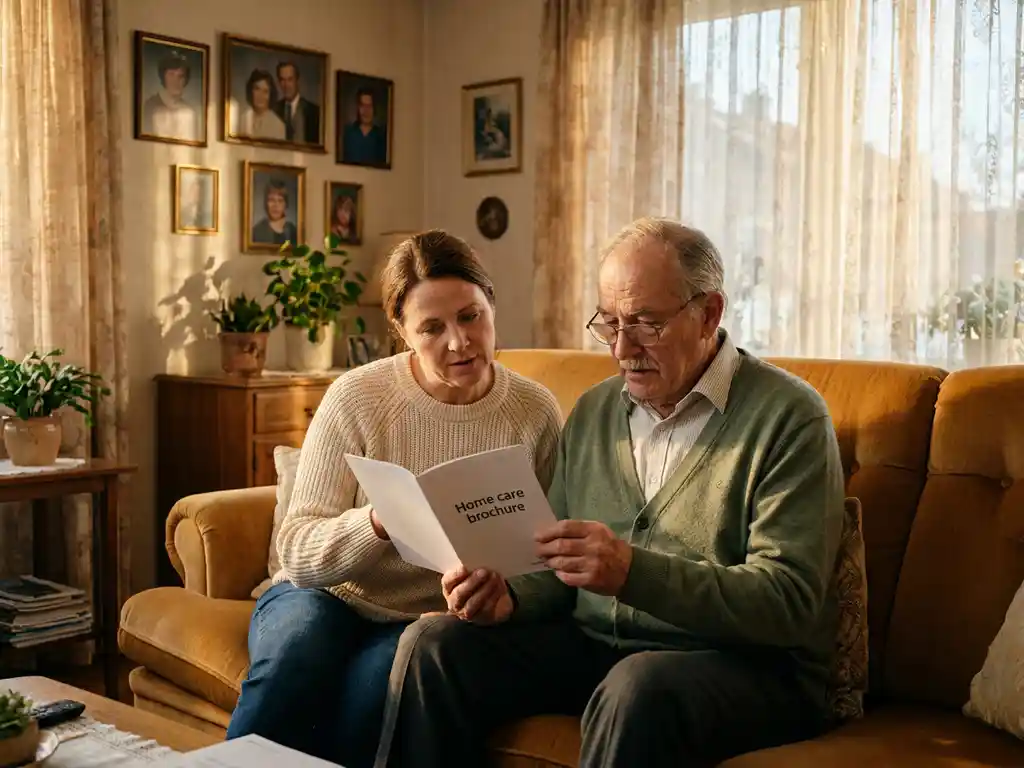 Erwachsenes Kind und älterer Elternteil auf gemütlichem Sofa beim gemeinsamen Lesen einer Pflegebroschüre im warmen Nachmittagslicht.