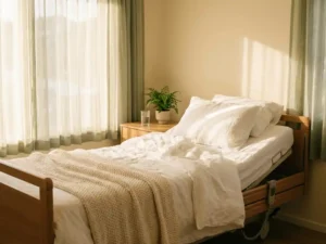 Höhenverstellbares Pflegebett mit weißer Bettwäsche in sonnendurchflutetem Schlafzimmer, Nachttisch mit Wasserglas und Zimmerpflanze.