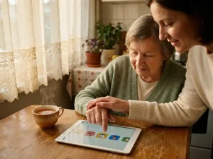 Pflegerin führt sanft die Hand einer älteren Frau beim Tippen auf ein Tablet, gemütliche Küche mit Teetasse im Hintergrund.