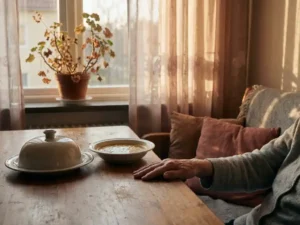 Pflegende Hand neben unberührtem Mittagessen auf Holztisch, welkende Pflanze im Hintergrund, weiches Nachmittagslicht in Seniorenwohnung.